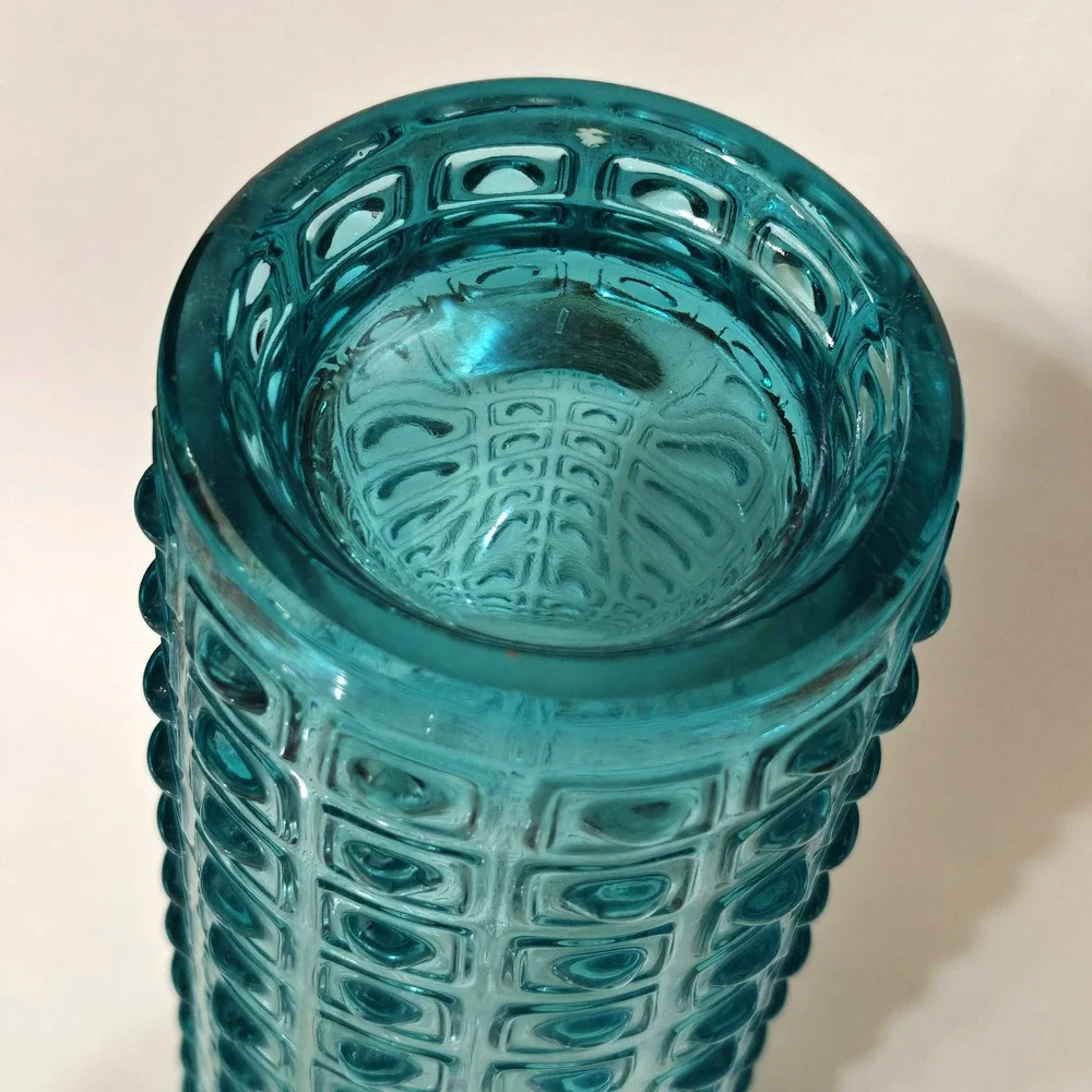MCM Sklo Union Art Glass Vase Turquoise Blue Geometric Czech Vintage 60s Hobnail
